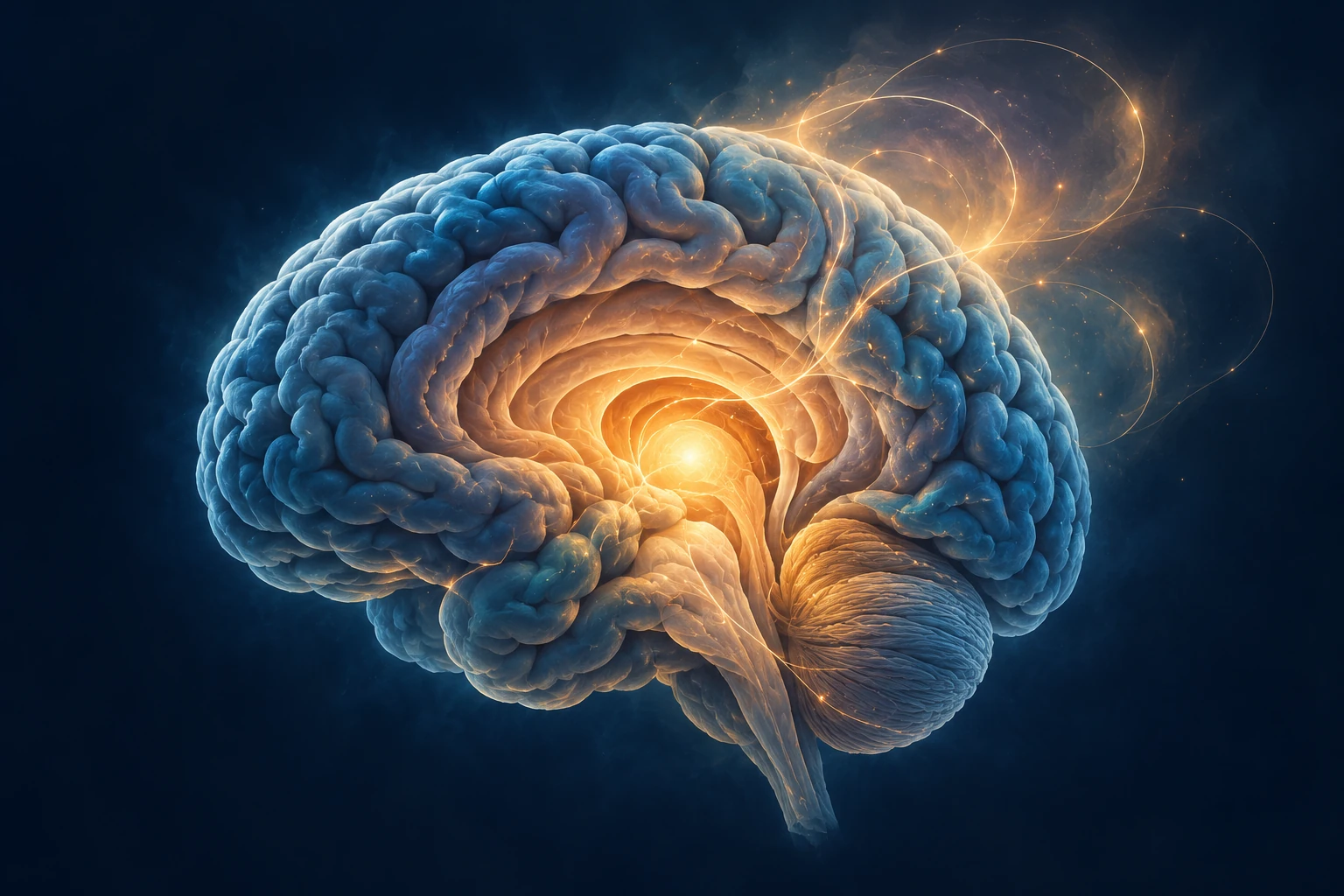 Ilustración conceptual de un cerebro con corteza azul, un interior iluminado en ámbar y finos hilos de luz que se abren hacia lo sutil.