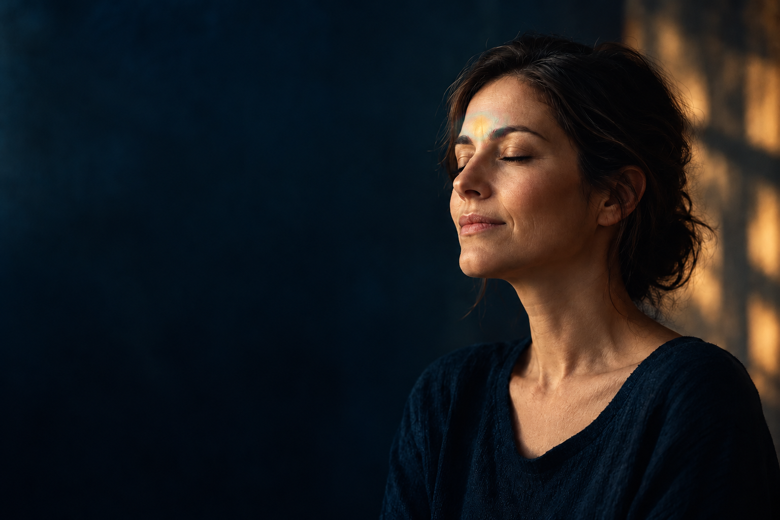 Una mujer con los ojos cerrados y una evocación artística de una postimagen luminosa entre las cejas